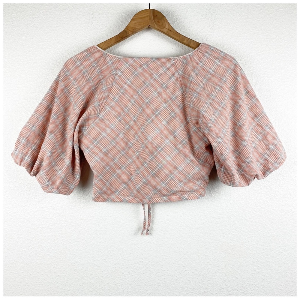NWT dRA Orange Plaid Puff Sleeve Crop Top Size XS - Picture 2 of 9